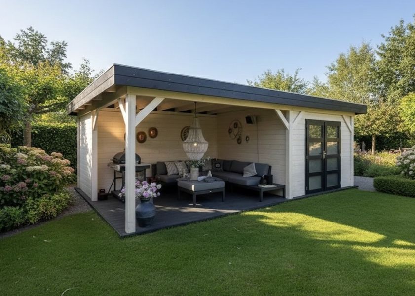 Blokhut Bosuil 300x300 cm + luifel 400 cm - antraciet en antiek wit gecoat - incl. EPDM en antraciet vlonder - excl. composiet balken Showmodel Amersfoort Blokhut Bosuil 300x300 cm + luifel 400 cm - antraciet en antiek wit gecoat - incl. EPDM en antraciet vlonder - excl. composiet balken Showmodel Amersfoort