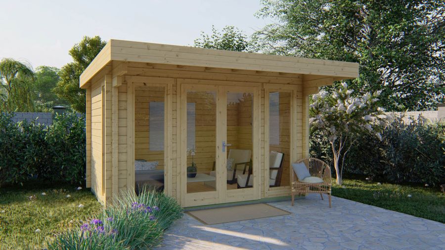 Tuindeco Whitegate Blokhut 400x280 cm + luifel 120 cm 70mm vuren red class wood geïmpregneerd Tuindeco Whitegate Blokhut 400x280 cm + luifel 120 cm 70mm vuren red class wood geïmpregneerd