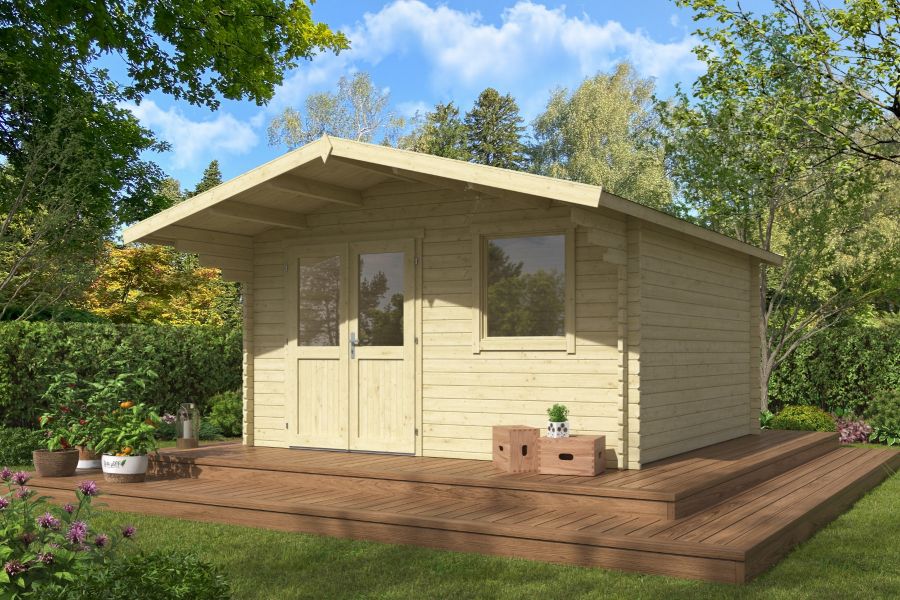 Blokhut Floor 410x410 cm + luifel 130 cm 40 mm vuren blank Blokhut Floor 410x410 cm + luifel 130 cm 40 mm vuren blank