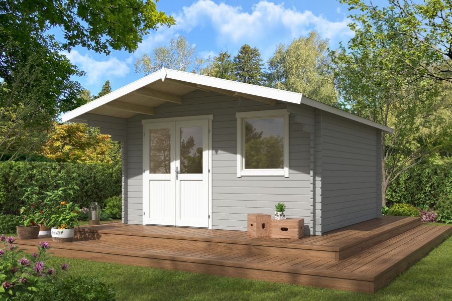 Blokhut Floor 410x410 cm + luifel 130 cm 40 mm vuren lichtgrijs-wit geverfd