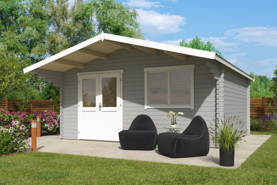 Blokhut Floor 505x445 cm + luifel 130 cm 40 mm vuren lichtgrijs-wit geverfd Blokhut Floor 505x445 cm + luifel 130 cm 40 mm vuren lichtgrijs-wit geverfd