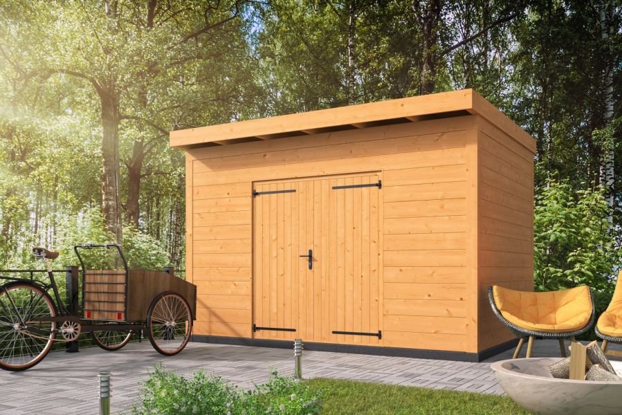 Berging Enter 400x300 cm incl. dubbele deur, horizontale wanden onbehandeld - Bouwpakket Berging Enter 400x300 cm incl. dubbele deur, horizontale wanden onbehandeld - Bouwpakket