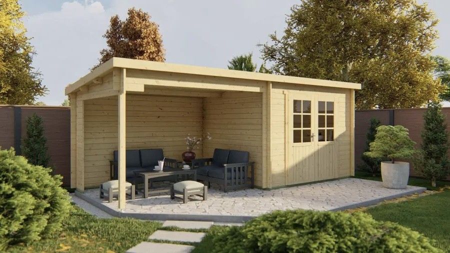 Tuindeco Freddy blokhut 300x250 cm + luifel 298 cm - groen geïmpregneerd - inclusief composiet funderingsbalken, exclusief dakbedekking - Showmodel