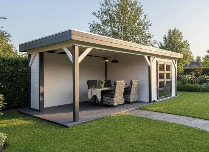 Blokhut Bosuil 300x300 cm + luifel 400 cm - antraciet en wit gecoat - incl. EPDM, aluminium daktrim en antraciet vlonder - Showmodel Hoofddorp