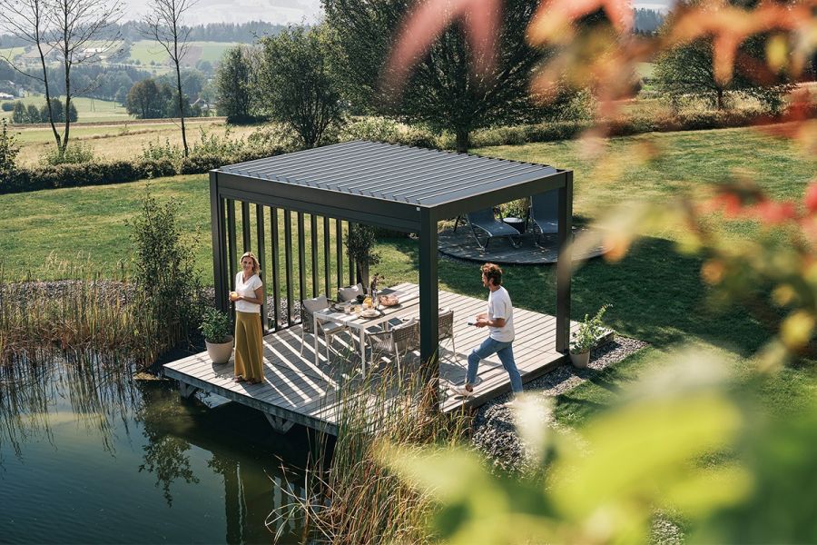 Biohort aluminium Pergola donkergrijs 450x350 cm zilver metallic lamellendak Biohort aluminium Pergola donkergrijs 450x350 cm zilver metallic lamellendak