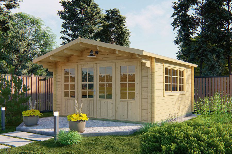 Tuindeco Blackpool Blokhut 440x340 cm + luifel 90 cm 58 mm vuren honing geïmpregneerd