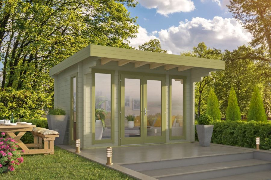 Tuindeco Whitegate Blokhut 400x280 cm + luifel 120 cm 70mm vuren groen geïmpregneerd Tuindeco Whitegate Blokhut 400x280 cm + luifel 120 cm 70mm vuren groen geïmpregneerd