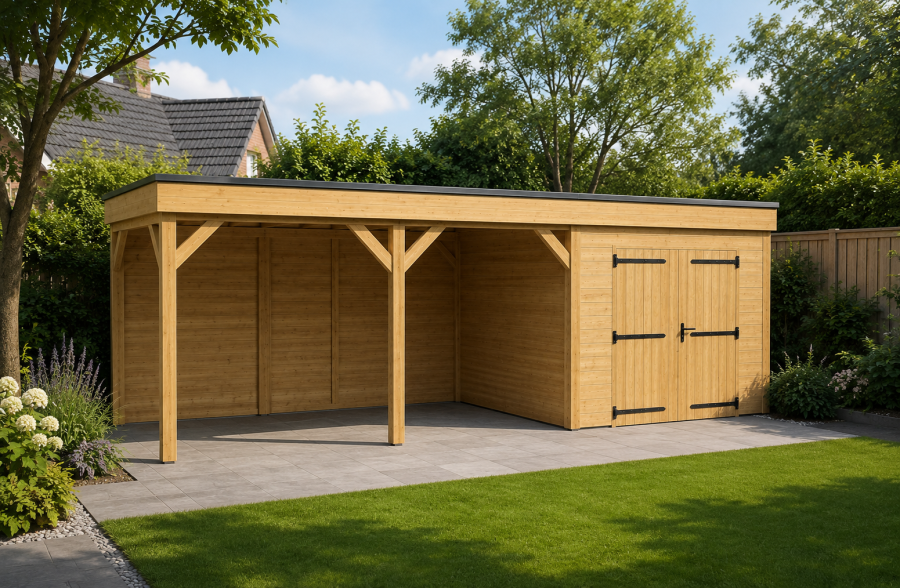 Overkapping Novo 370x300 cm + berging 300x300 cm Douglas (incl. EPDM, excl. glasschuifwanden) Overkapping Novo 370x300 cm + berging 300x300 cm Douglas (incl. EPDM, excl. glasschuifwanden)