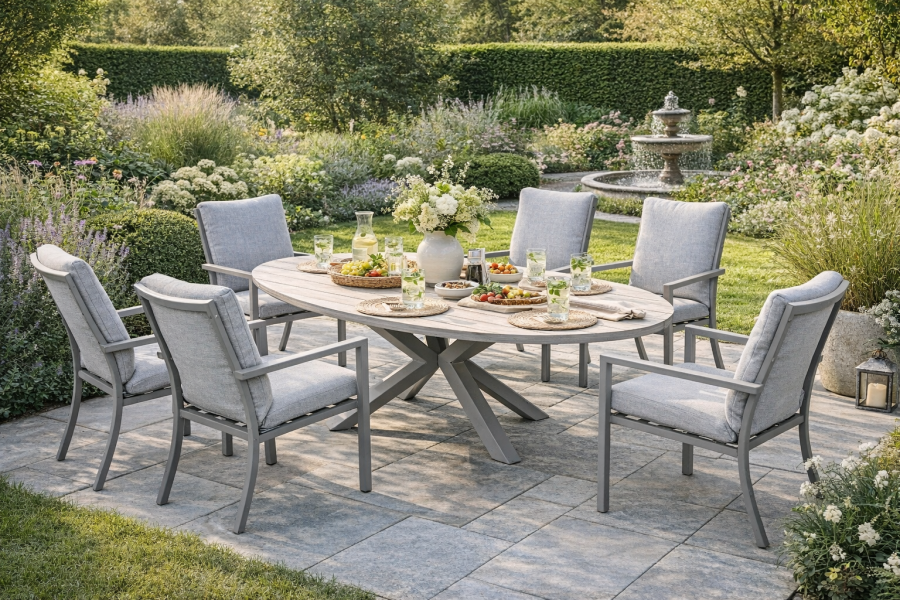 Garden Impressions Vera diningset taupe / light teak tafel en 6 taupe valley sand fauteuils - Showmodel Hoofddorp Garden Impressions Vera diningset taupe / light teak tafel en 6 taupe valley sand fauteuils - Showmodel Hoofddorp