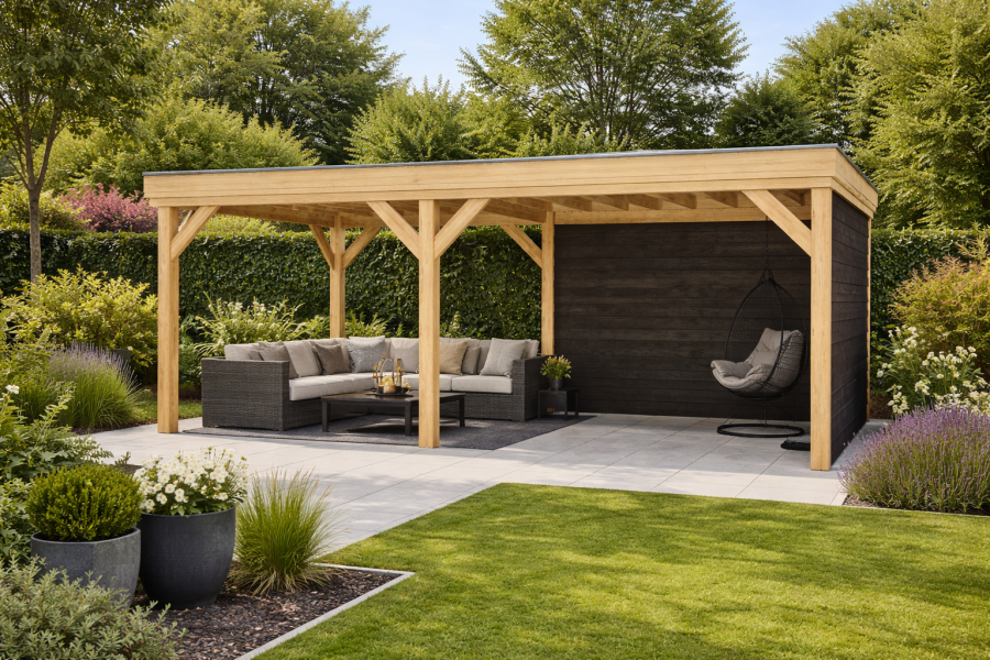 Overkapping Oldenzaal 600x350 cm Douglas blank met vuren rabat wanden zwart (Incl. EPDM)