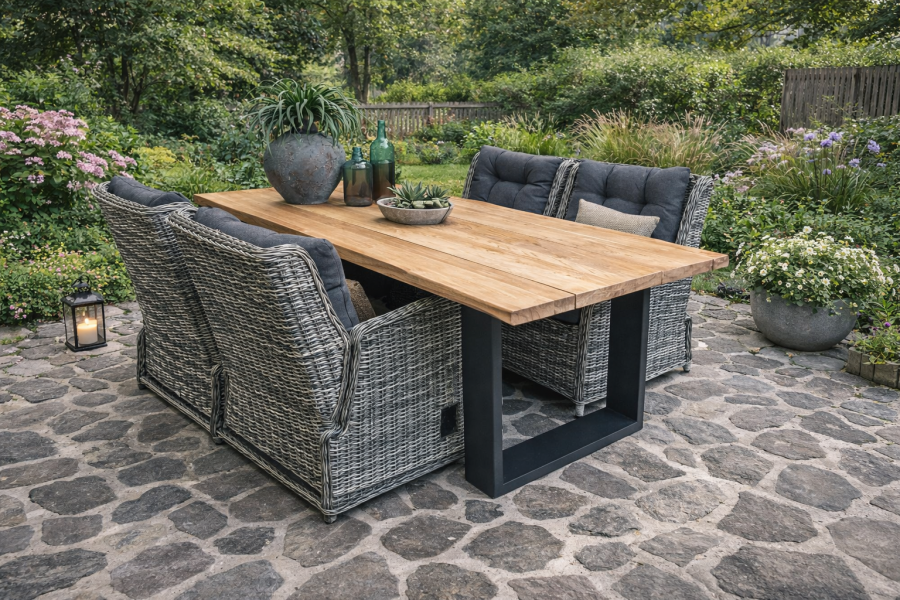 SenS-Line Vinos tuinset 4 verstelbare wicker stoelen met teakhouten tafel - Showmodel Wommelgem SenS-Line Vinos tuinset 4 verstelbare wicker stoelen met teakhouten tafel - Showmodel Wommelgem