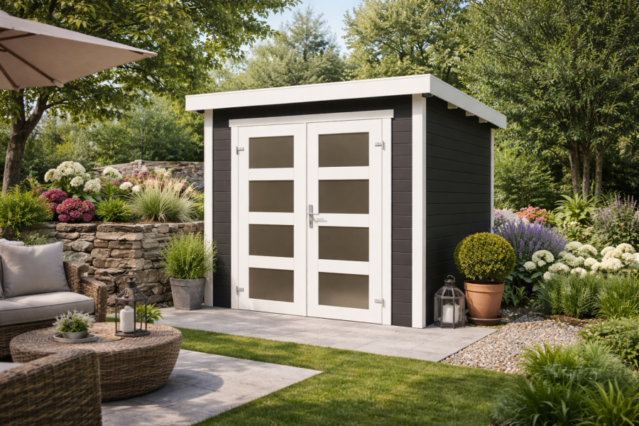 Blokhut Bart 200x200cm 28mm vuren groengrijs-wit geverfd Blokhut Bart 200x200cm 28mm vuren groengrijs-wit geverfd