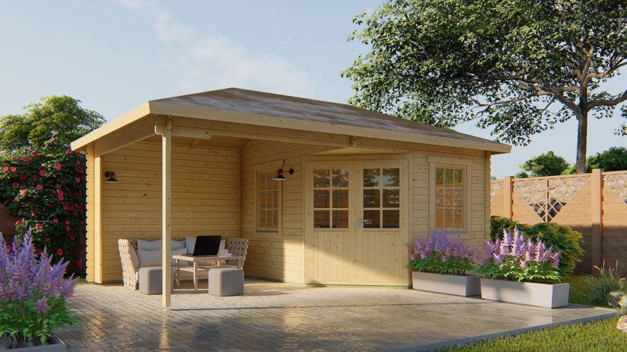 Tuindeco Christoffer Blokhut 300x350 cm + luifel 275 cm 28 mm vuren blank Tuindeco Christoffer Blokhut 300x350 cm + luifel 275 cm 28 mm vuren blank