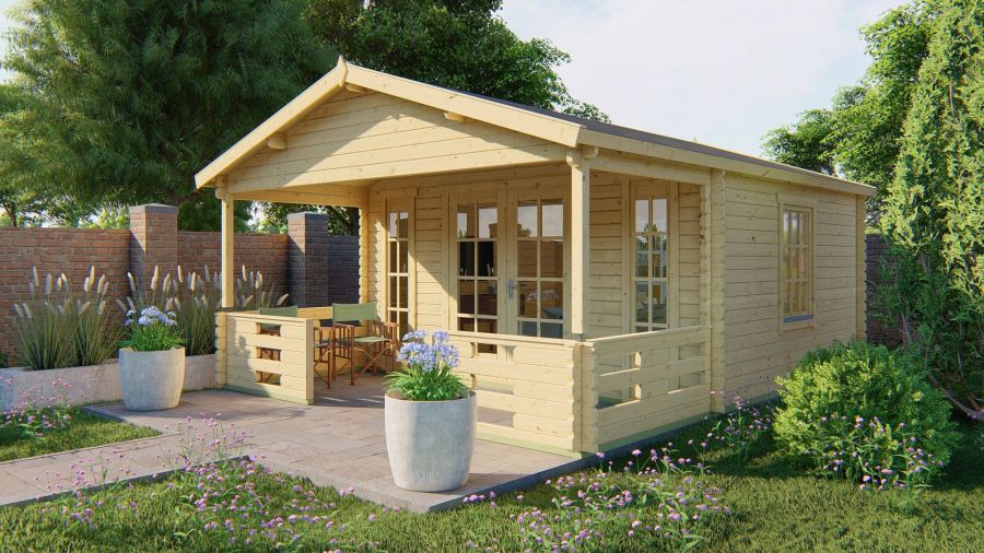 Tuindeco Heino Blokhut 450x380 cm + luifel 200 cm 44 mm vuren grijs geïmpregneerd Tuindeco Heino Blokhut 450x380 cm + luifel 200 cm 44 mm vuren grijs geïmpregneerd