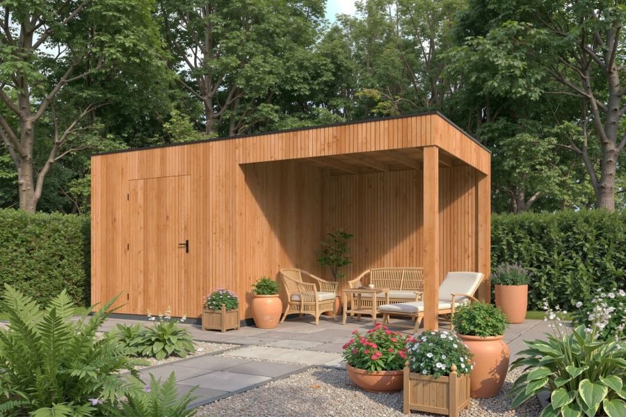 KubeLine tuinhuis 280x280 cm + overkapping 310 cm Douglas blank KubeLine tuinhuis 280x280 cm + overkapping 310 cm Douglas blank