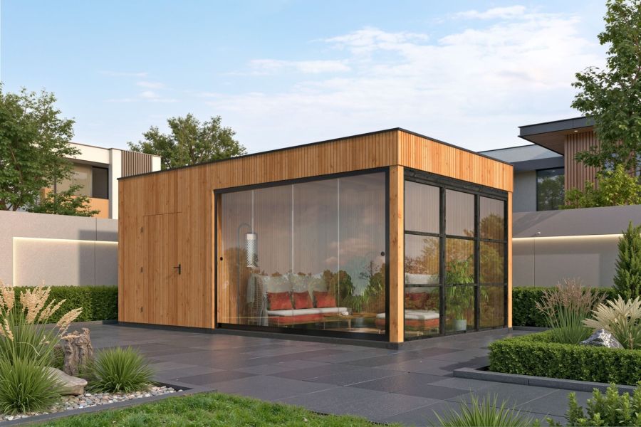 KubeLine tuinhuis 280x380 cm + overkapping 410 cm Douglas blank KubeLine tuinhuis 280x380 cm + overkapping 410 cm Douglas blank