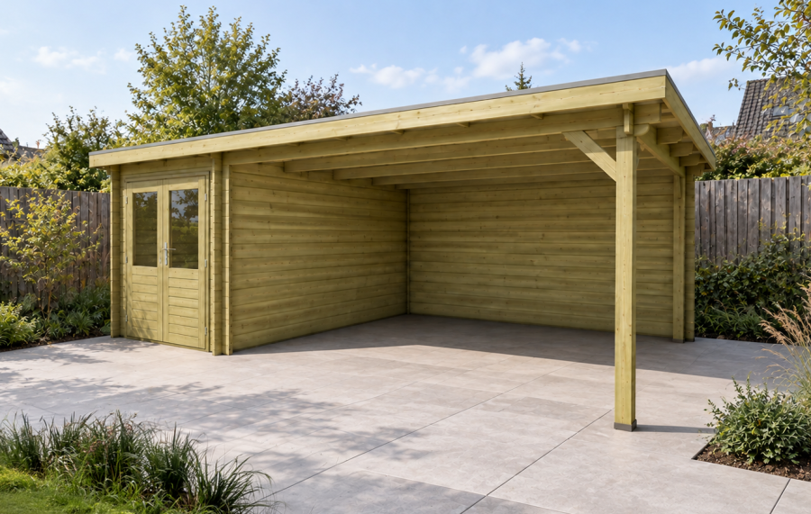Classicline Blokhut Utrecht vuren groen geïmpregneerd 200x300 cm + overkapping 400 cm