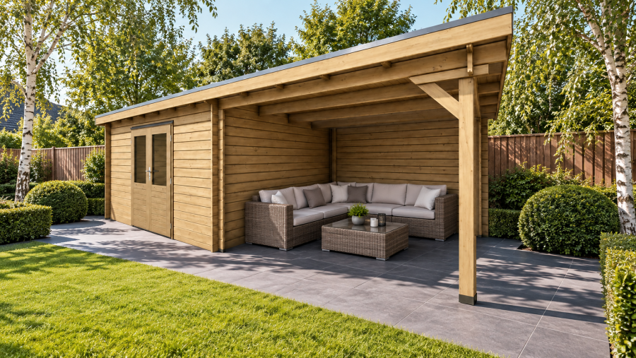 Classicline Blokhut Friesland 400x300 cm + overkapping 300 cm vuren blank Classicline Blokhut Friesland 400x300 cm + overkapping 300 cm vuren blank