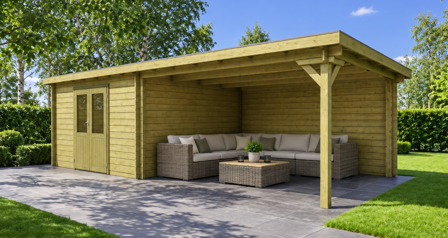 Classicline Blokhut Friesland vuren groen geïmpregneerd 400x300 cm + overkapping 400 cm Classicline Blokhut Friesland vuren groen geïmpregneerd 400x300 cm + overkapping 400 cm