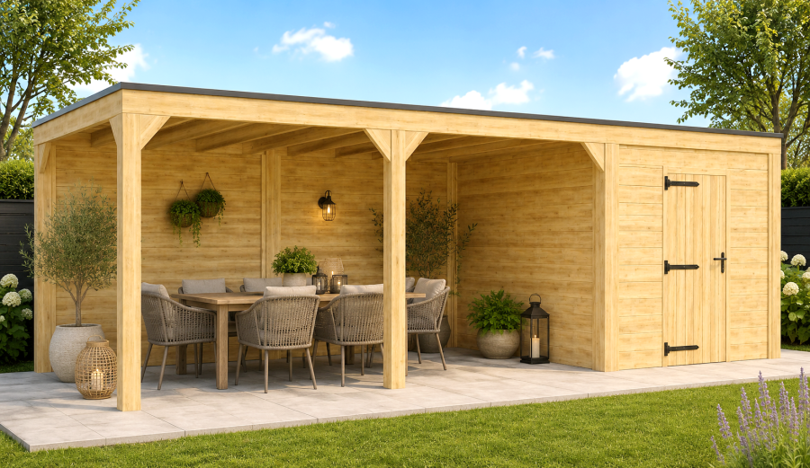Buitenverblijf Novo Modern 300x300 cm + overkapping 500 cm incl. achterwand  (incl. EPDM)