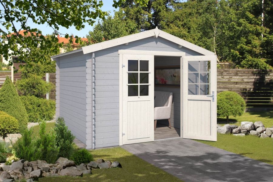 Blokhut Norah 295x295 cm - Platinum Grey-Wit gecoat Blokhut Norah 295x295 cm - Platinum Grey-Wit gecoat