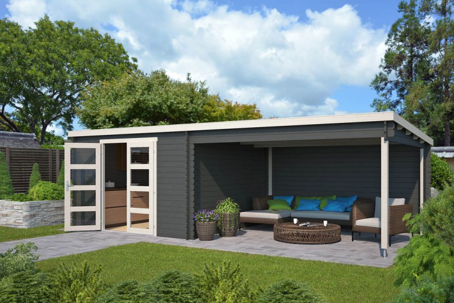 Blokhut Olenka 710x330 cm - Carbon Grey-Wit gecoat Blokhut Olenka 710x330 cm - Carbon Grey-Wit gecoat