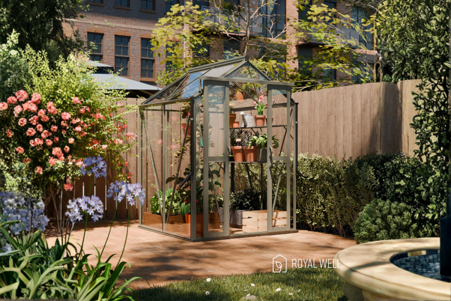 Royal Well Anne I tuinkas 150x150 cm groengrijs met 3mm veiligheidsglas (inclusief fundament) Royal Well Anne I tuinkas 150x150 cm groengrijs met 3mm veiligheidsglas (inclusief fundament)