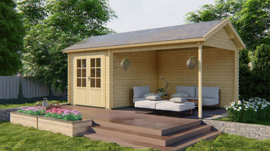 Tuindeco Ove Blokhut 250x300 cm + luifel 340 cm 28 mm vuren red class wood geïmpregneerd Tuindeco Ove Blokhut 250x300 cm + luifel 340 cm 28 mm vuren red class wood geïmpregneerd