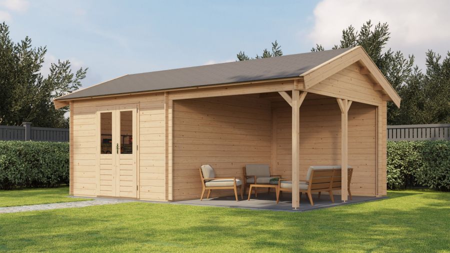 Lugarde Select Blokhut met overkapping Hattem 300x400cm + 300cm - Onbehandeld Lugarde Select Blokhut met overkapping Hattem 300x400cm + 300cm - Onbehandeld