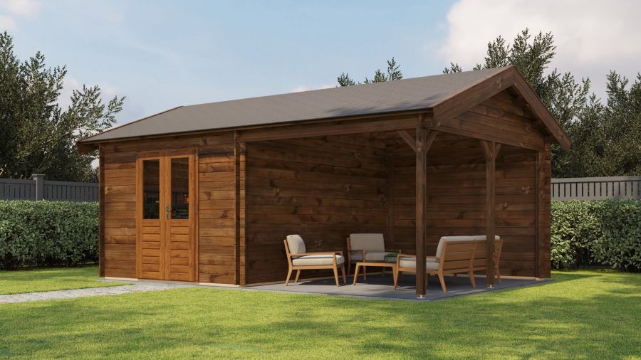 Lugarde Select Blokhut met overkapping Hattem 300x400cm + 300cm - Keteldruk Bruin Lugarde Select Blokhut met overkapping Hattem 300x400cm + 300cm - Keteldruk Bruin