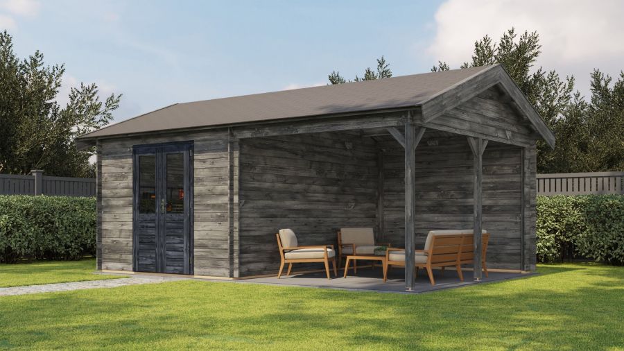 Lugarde Select Blokhut met overkapping Hattem 300x400cm + 300cm - Keteldruk Grijs Lugarde Select Blokhut met overkapping Hattem 300x400cm + 300cm - Keteldruk Grijs