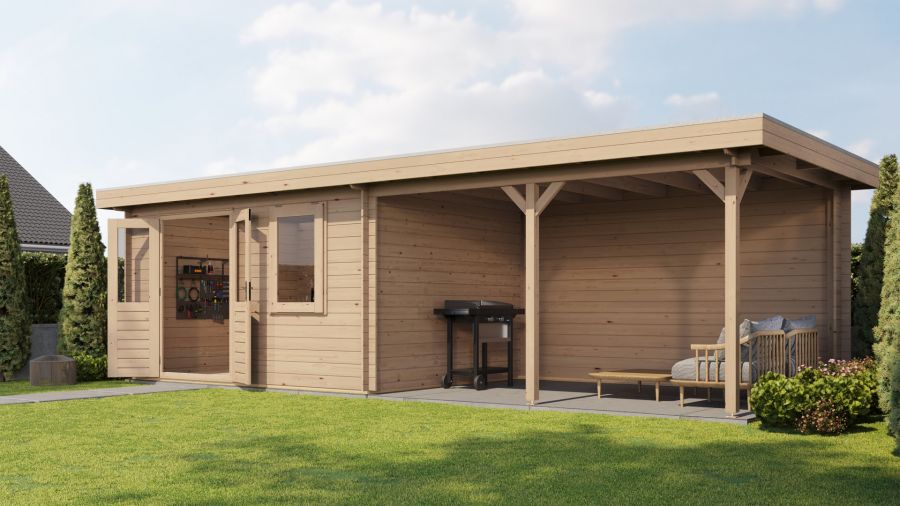 Lugarde Select Blokhut met overkapping Huissen 400x300cm + 400cm - Onbehandeld Lugarde Select Blokhut met overkapping Huissen 400x300cm + 400cm - Onbehandeld