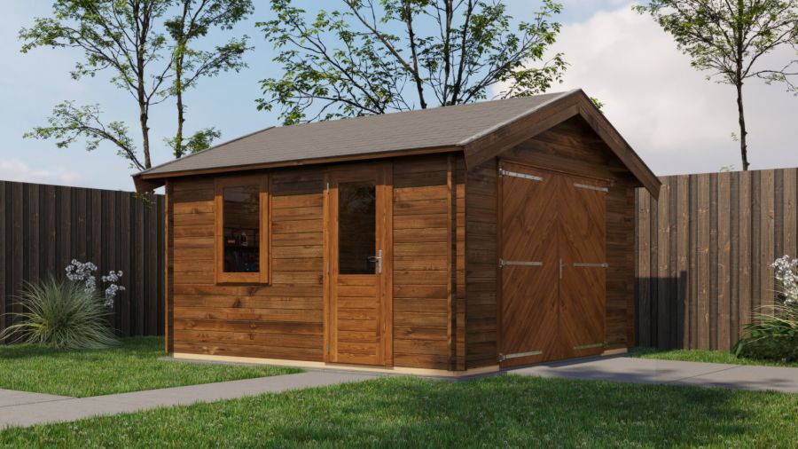 Lugarde Select Blokhut Maurik met garagedeur 400x400cm - Keteldruk Bruin Lugarde Select Blokhut Maurik met garagedeur 400x400cm - Keteldruk Bruin