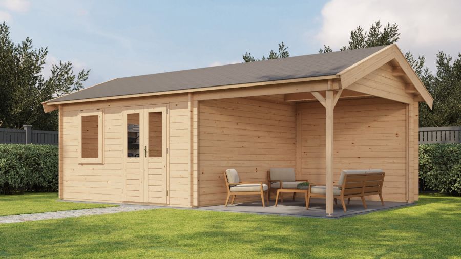 Lugarde Select Blokhut met overkapping Oosterbeek 400x400cm + 300cm - Onbehandeld Lugarde Select Blokhut met overkapping Oosterbeek 400x400cm + 300cm - Onbehandeld