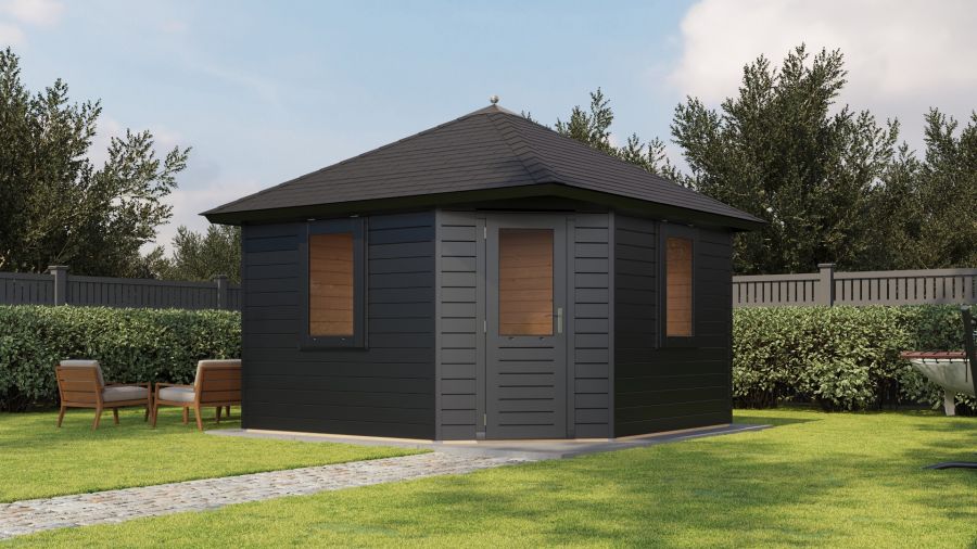 Lugarde Select Prima Purmerend tuinhuis 360x360 cm 44 mm vuren zwartgrijs gebeitst