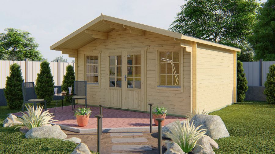 Tuindeco Viggo Blokhut 500x400 cm + luifel 100 cm 28 mm vuren red class wood geïmpregneerd Tuindeco Viggo Blokhut 500x400 cm + luifel 100 cm 28 mm vuren red class wood geïmpregneerd