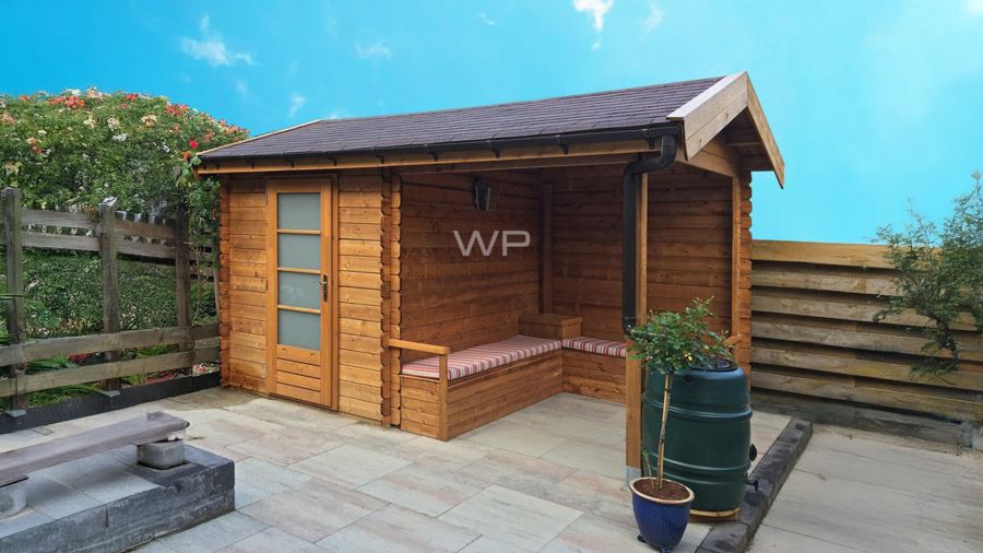 Woodpro Veluwe tuinhuis 200x250 cm + overkapping 200 cm 28 mm vuren blank Woodpro Veluwe tuinhuis 200x250 cm + overkapping 200 cm 28 mm vuren blank