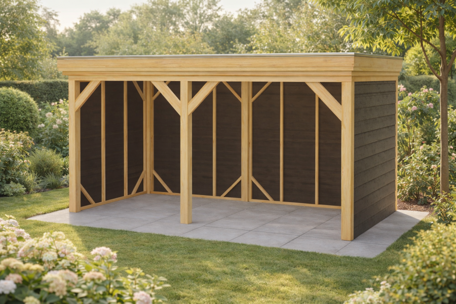 Overkapping Helmond 450x250 cm Douglas blank met vuren rabat wanden zwart (Incl. EPDM)