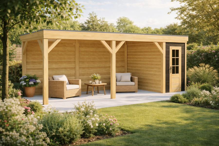 Blokhut Sneek 200x300 cm met overkapping 600x300 cm Douglas blank met vuren rabat wanden zwart  (Incl. EPDM)