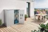 Biohort Terraskast L High in zilvergrijs metallic, compacte opbergkast voor buitengebruik met strakke metalen afwerking.