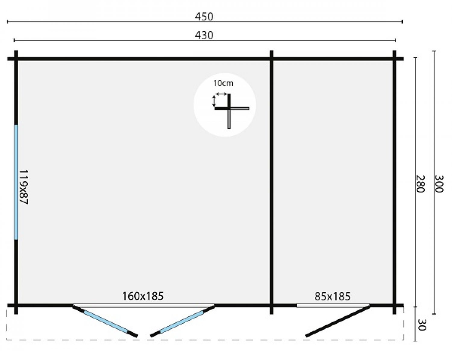 Blokhut Ellie 450x300 cm + luifel 30 cm - plattegrond