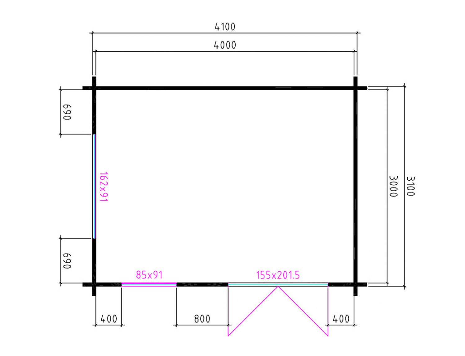 Blokhut 440x340 cm, 50 mm dikke wanden & dubbelglas