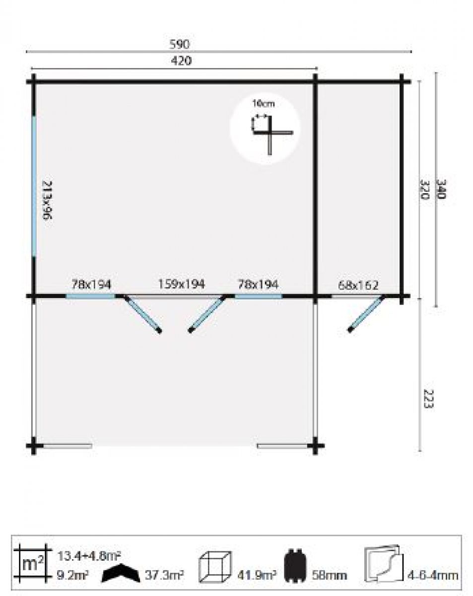 Blokhut Coventry 440x340 cm + luifel 223 cm + zijaanbouw -  grijs geïmpregneerd