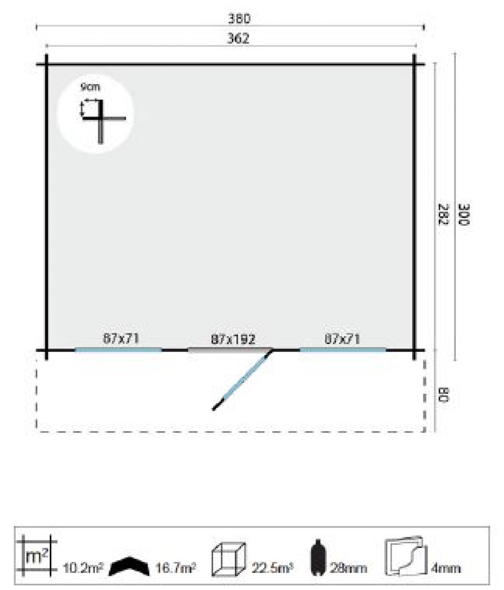 Blokhut Mika 380x300 cm + luifel 80 cm- geïmpregneerd plattegrond