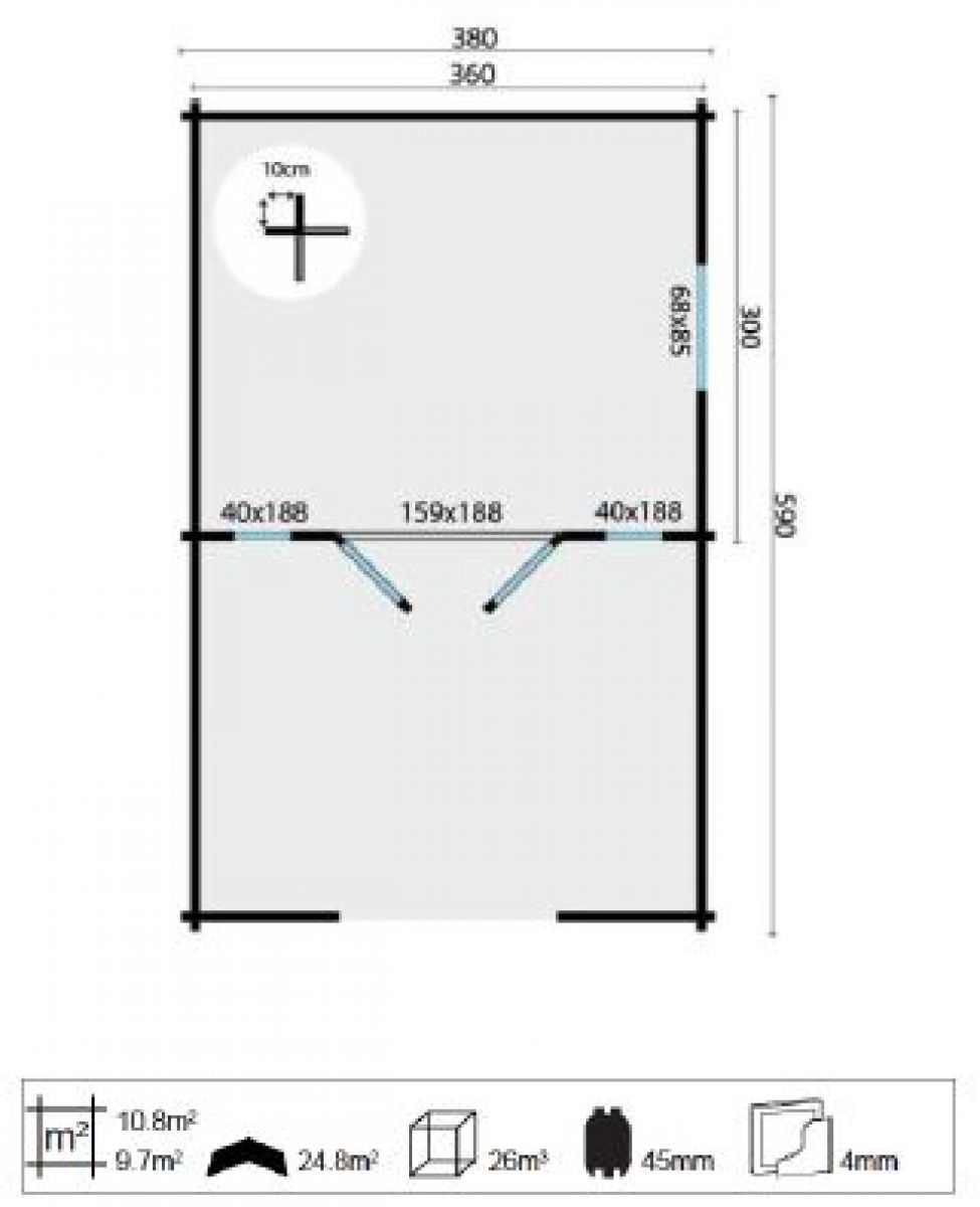 Blokhut Sanstrov 380x320 cm + luifel 270 cm - geïmpregneerd plattegrond
