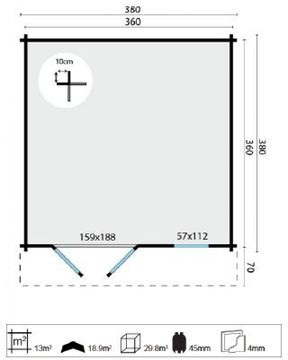 Tuindeco Blokhut Ulrik 380x380 cm + luifel 70 cm - groen geïmpregneerd