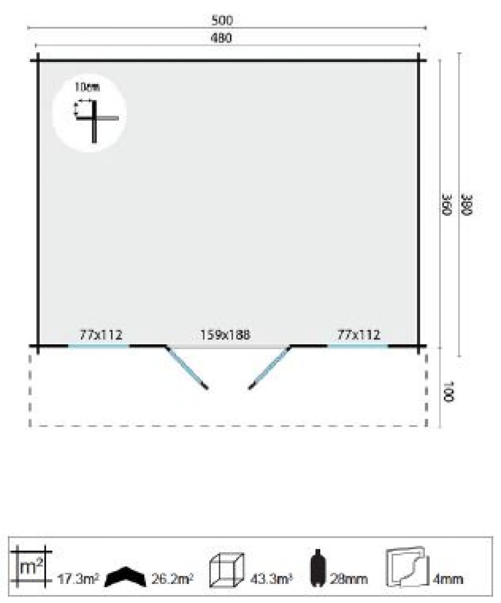 Blokhut Viggo 500x400 cm + luifel 100 cm - plattegrond