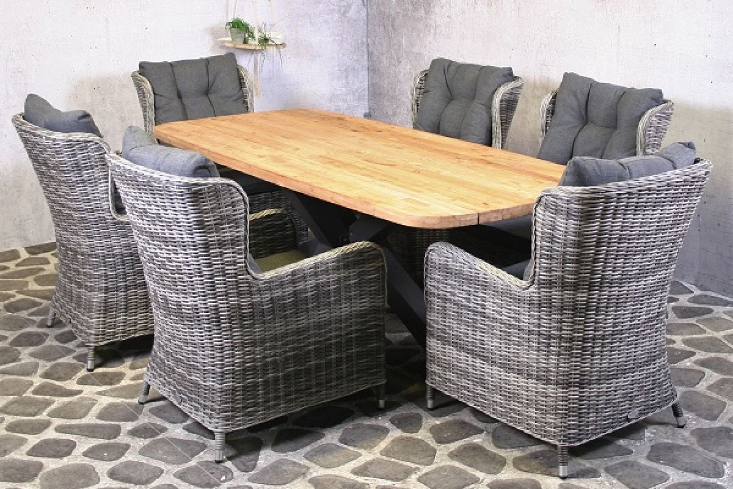 Tuinset Puerto Teak tafel met 6 wicker stoelen