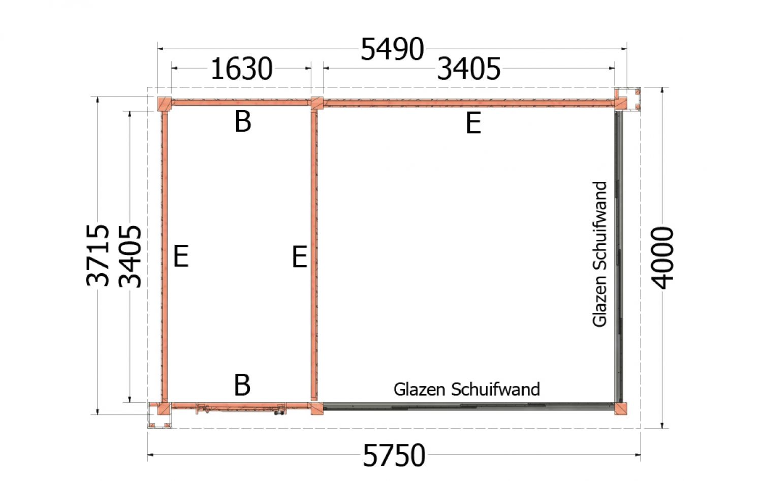 Buitenverblijf Verona 575x400 cm - Plat dak model links - combinatie 1 - plattegrond