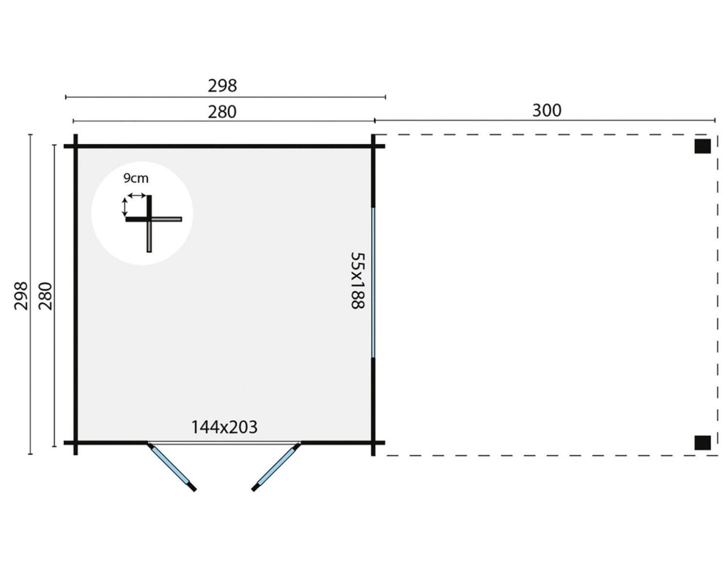 Blokhut Dellinger 300x300 cm + zijluifel 300 cm